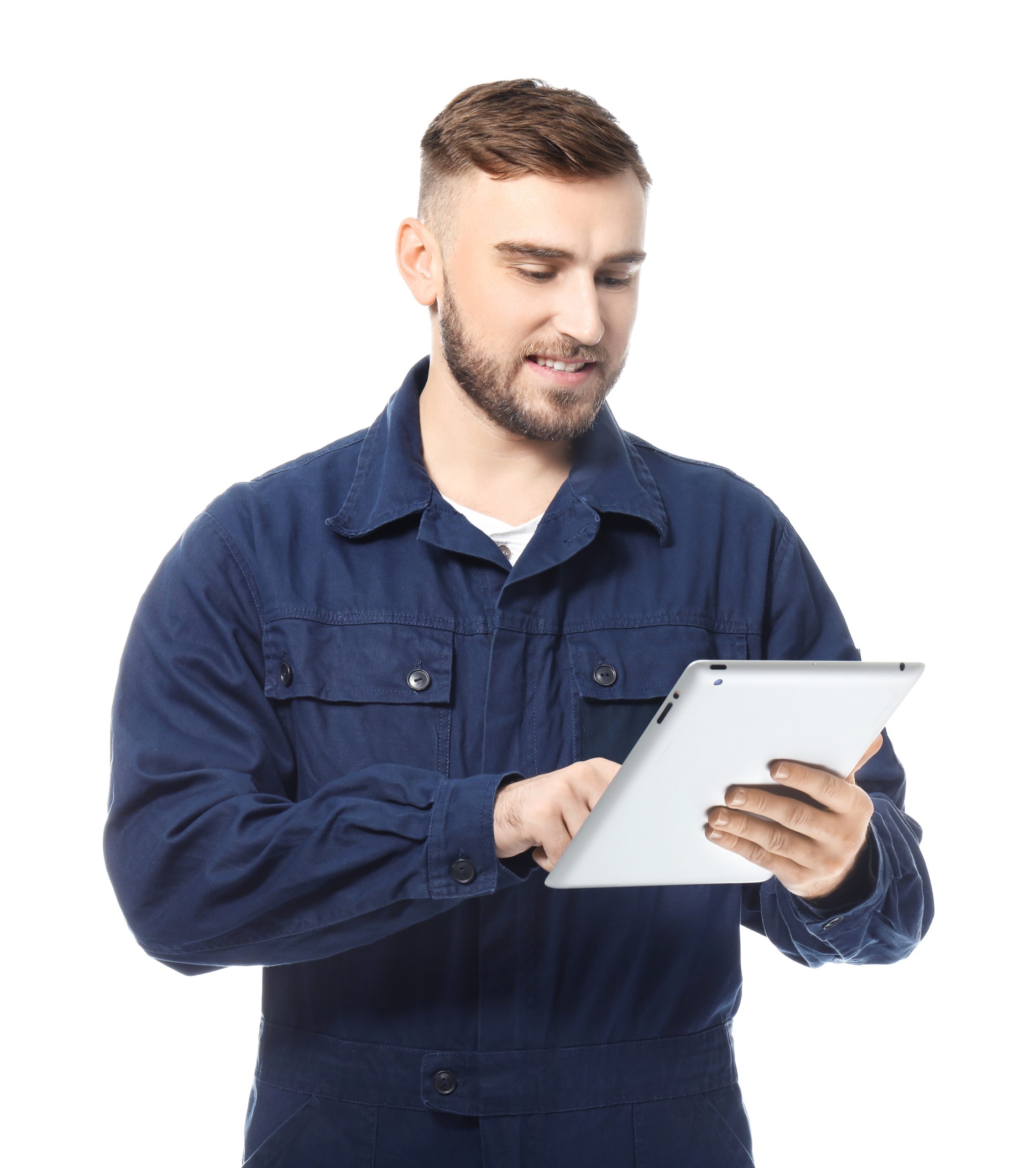 Handsome,Auto,Mechanic,With,Tablet,Computer,On,White,Background